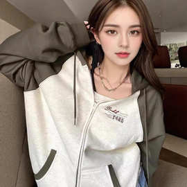 加绒加厚冬美式高街撞色棒球服拉链外套女设计感连帽开衫卫衣外搭