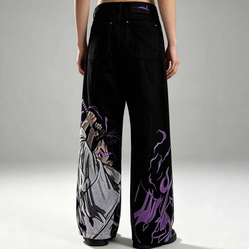 High Street Fashion Brand Heavy Embroidery Jeans for Men, Loose Wide-Leg Japanese Anime Straight Pants, Black Trendy Long Pants