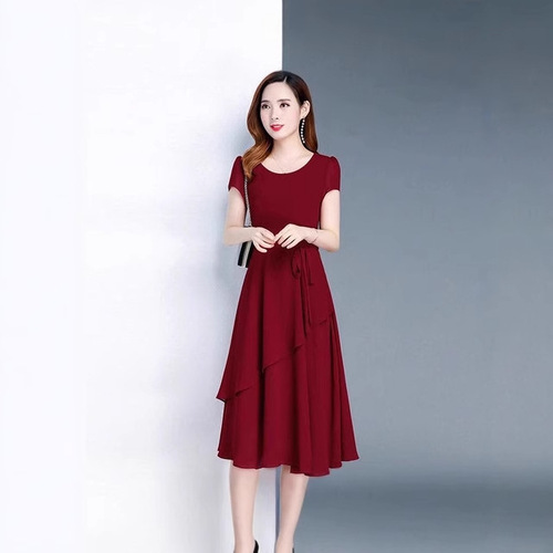 Summer high-end cinched waist slimming age-reducing fitted elegant mid-length A-line round-neck plus-size loose women's dress