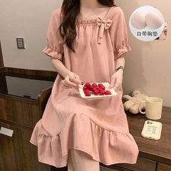 睡裙女夏季睡衣短袖带胸垫薄款可爱花朵宽松新款可外穿夏天家居服