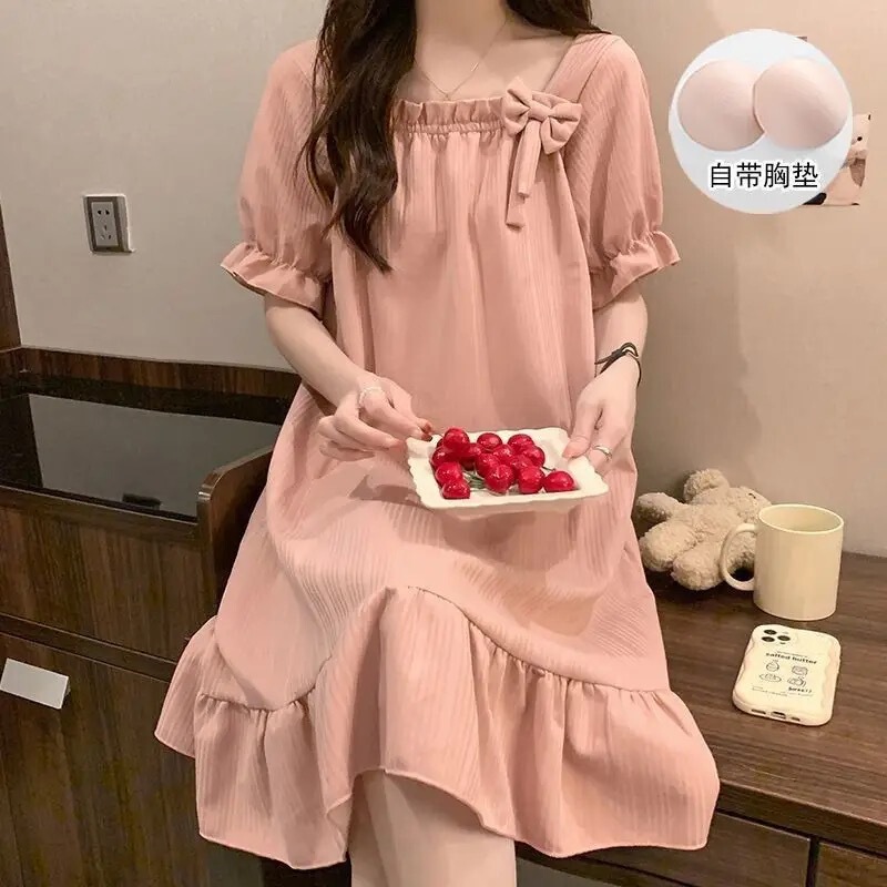 Nightgown Women's Summer Pajamas Short-Sleeved with Breast Pads Thin Cute Flowers Loose New Style Can Be Worn Outside Summer Home Clothes