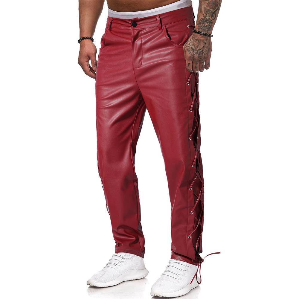 Pantalon en cuir décontracté de grande taille pour hommes avec sangle en PU de couleur unie 2024_voghion.com