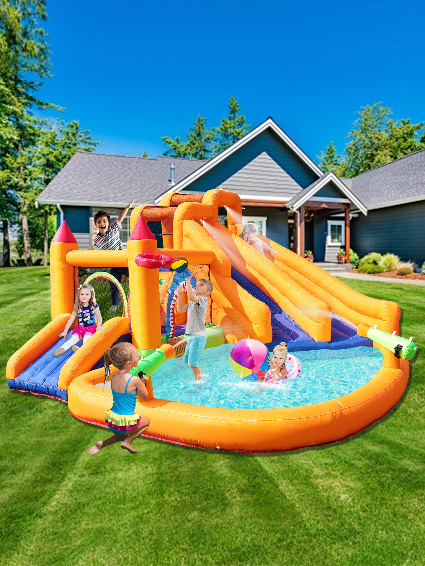 usuarios de hogares de niños transfronterizos al aire libre slide interior de dos vías juguetes traviesos castillo saltar piscina chorro castillo inflable