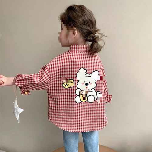 Children's Shirt Spring and Autumn New 2026 Korean Version Trendy Baby Girl Cartoon Print Casual Grid Shirt Jacket