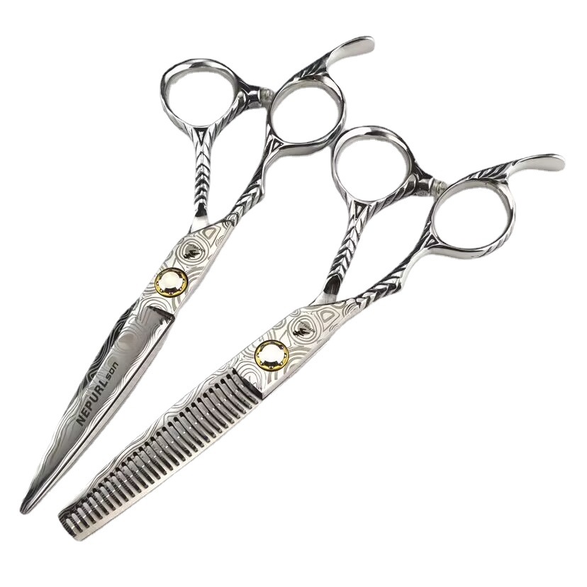 Tijeras de peluquería para zurdos con tornillo de cojinete de 6,0 pulgadas y patrón de Damasco: tijeras rectas para entresacar y cortar._voghion.com