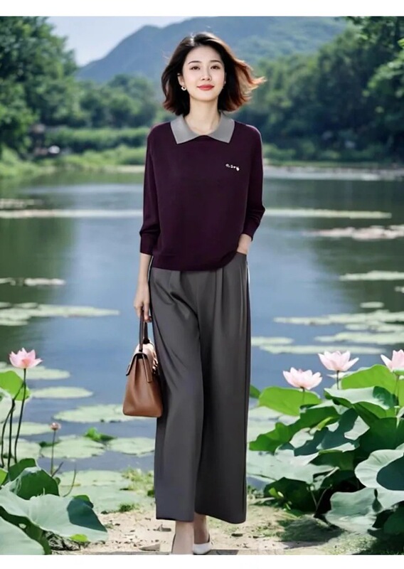 时尚洋气polo领针织衫高腰显瘦休闲裤两件套女装早秋冬2025新款|undefined