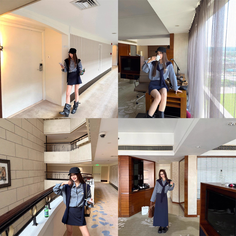 韩系百搭慵懒风宽松显瘦蓝色衬衫披肩女秋季新款搭配半身裙套装女|undefined