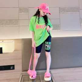 女童短袖T恤套装夏装韩版时髦女孩印花字母五分短裤两件套儿童装