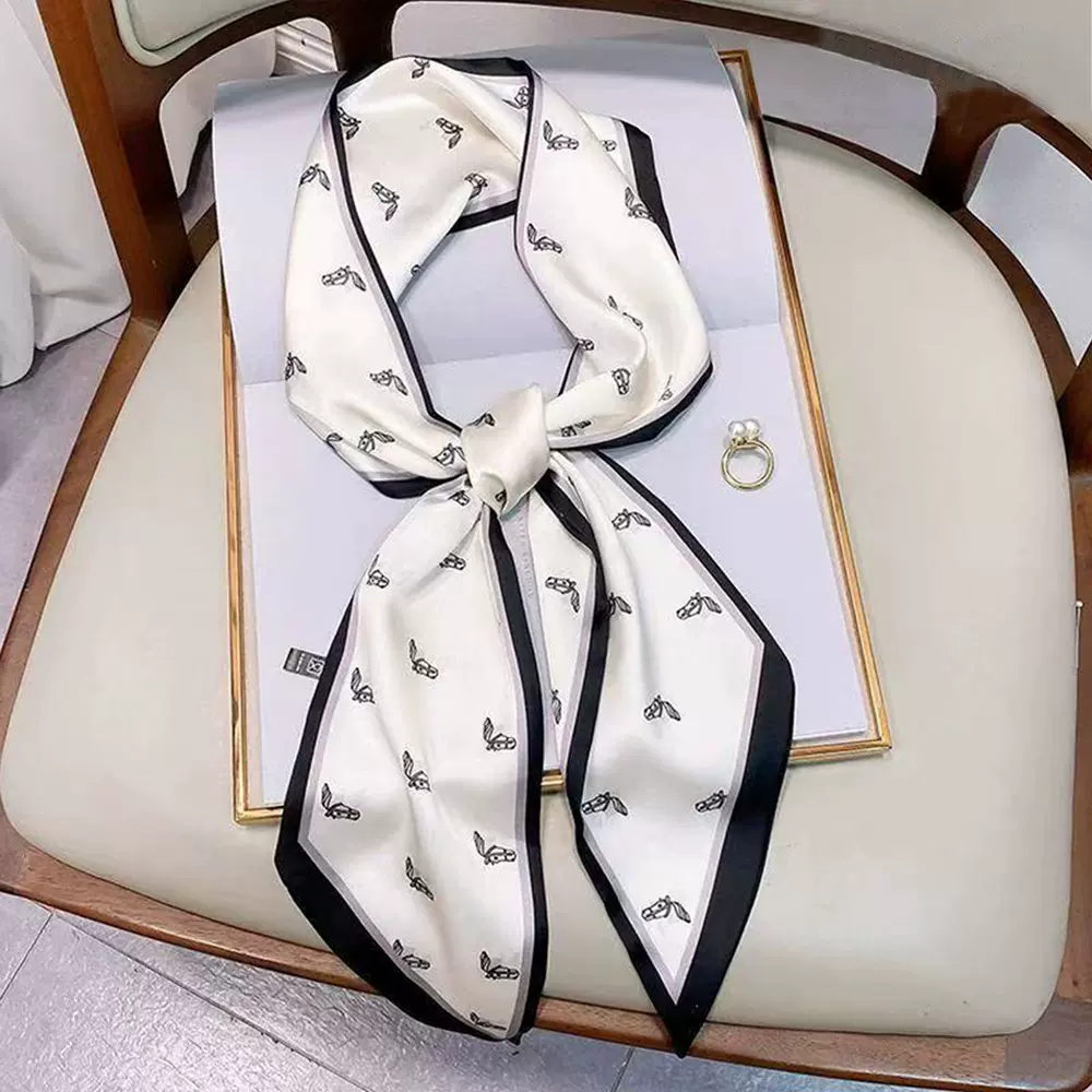 2024欧美风热款斜角飘带跨境OL仿真丝格子纹长条丝巾领巾工厂批发