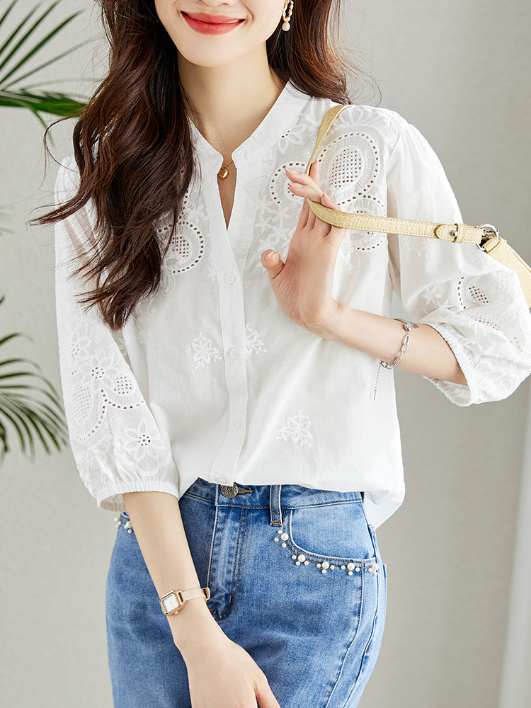 V-Neck White Shirt for Women, Three-Quarter Sleeves, 2026 Spring New Style, Pure Cotton Embroidered Hollow-Out Top, Elegant and Mature Shirt