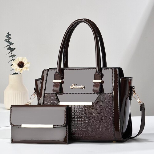 Women's Crossbody Bag Korean Style Handbag Shoulder Bag Two-Piece Mother-and-Father Bag with Crocodile Embroidery Bright Leather