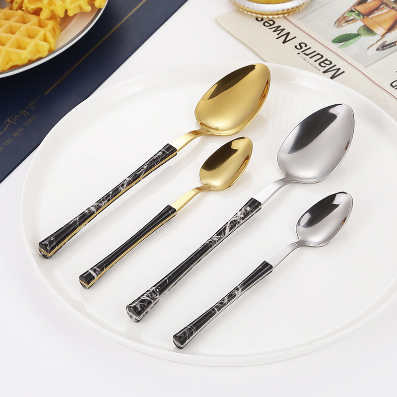 430 vajilla de acero inoxidable cuchillo de carne, tenedor y cuchara de clip manejar pequeña cintura mármol comida occidental 4 piezas cuchara transfronteriza cuchara de té