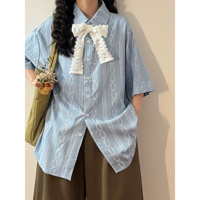 Lace Tie Striped Shirt Summer New Japanese Retro Artistic Sweet Lace Jacquard Loose Casual Top Lace Tie Striped Shirt Summer New Japanese Retro Artistic Sweet Lace Jacquard Loose Casual Top