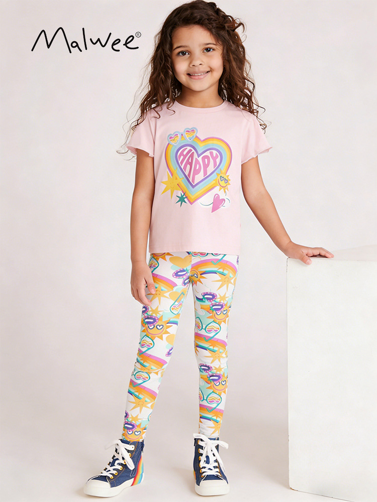 Malwee transfronterizo conjunto de niñas verano nuevo cuello redondo camiseta europea y americana pantalones de cintura elástica para niños dos piezas