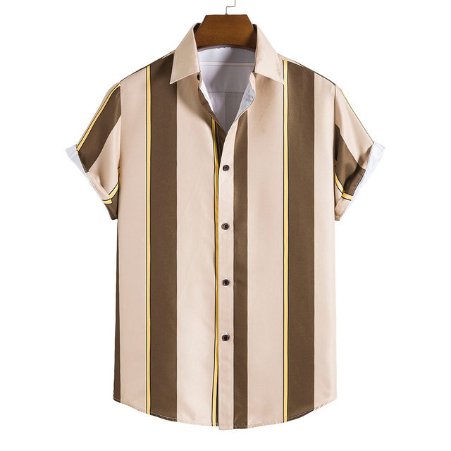 Striped Pattern Summer Hawaiian Men's Short-Sleeved Shirt Hd Digital Printing Lapel Cardigan Cross-Border Exclusive