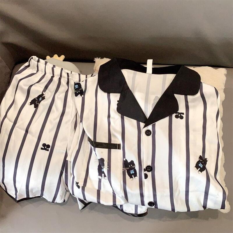 Japanese Striped Cat Pajamas Women's Summer High-value Loose Student Dormitory Home Clothes suit Outwear Short-sleeved Japanese Striped Cat Pajamas Women's Summer High-value Loose Student Dormitory Home Clothes suit Outwear Short-sleeved