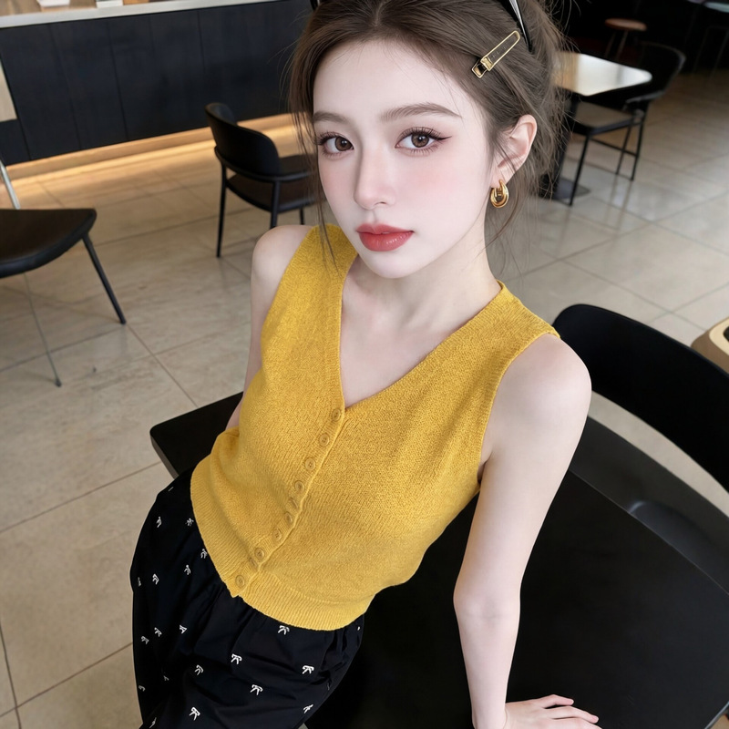 Yellow V-Neck Ice Silk Knitted Camisole for Women, Unique and Stylish Sleeveless Top for Summer Wear