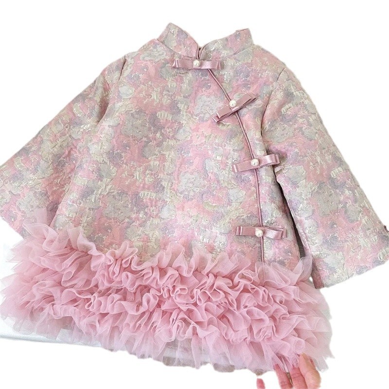 [Segundo en stock] niñas algodón intercalado doble cara vestido chino nuevo vestido de malla china cheongsam vestido de Año Nuevo infantil