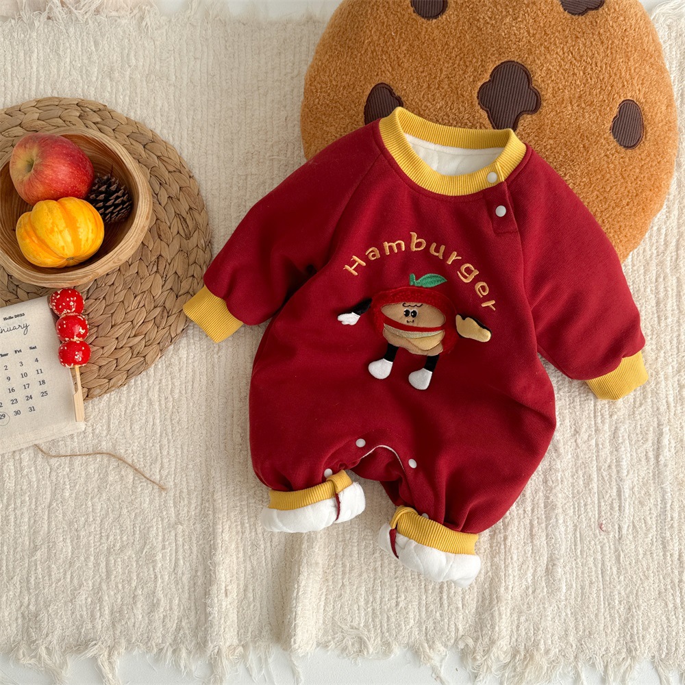 2024 nuevo invierno bebé estilo occidental dibujos animados Burger King engrosado cálido y cómodo traje de escalada de algodón de una pieza suave