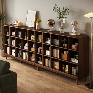 All Solid Wood Bookcase Walnut Color Grid Cabinet Living Room Storage Cabinet Floor-Standing Low Cabinet Storage Integrated Wall Bookshelf