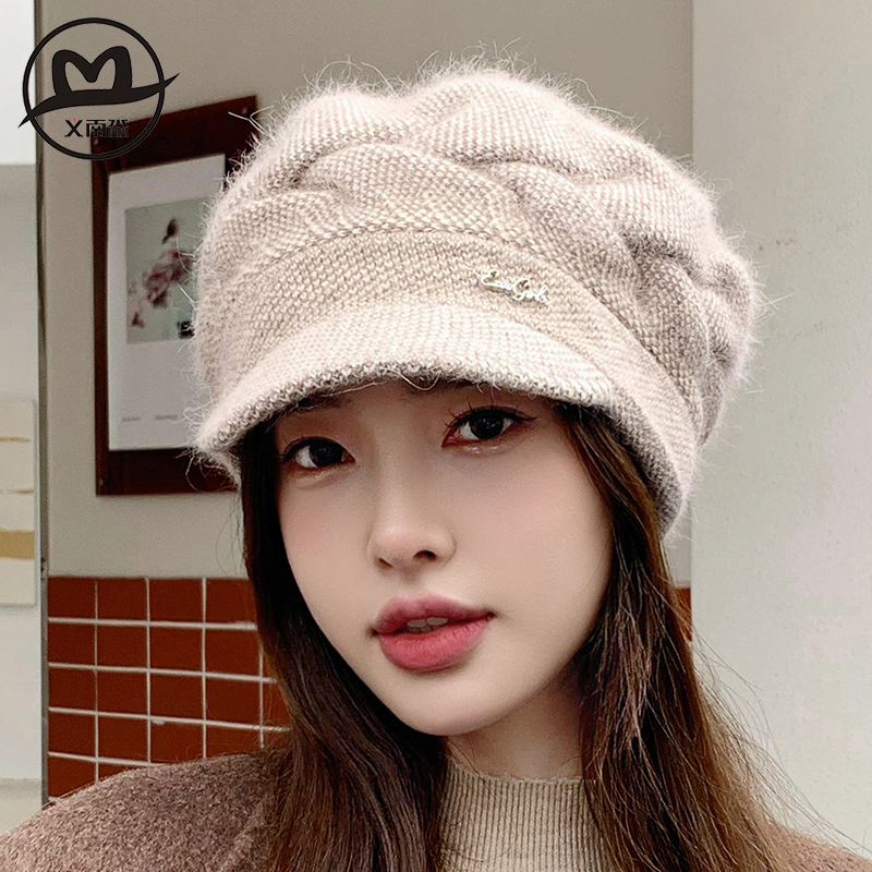 토끼털 모자 여성용 겨울 패션 따뜻한 니트 모직 모자 겨울철 라이딩용 귀 보호 챙모자 상큼하고 사랑스러운