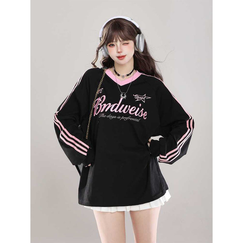 American Style Retro Contrast Color Striped V-Neck Long-Sleeved T-Shirt Women's Spring and Autumn Design Sense Niche Loose Casual Sports Top