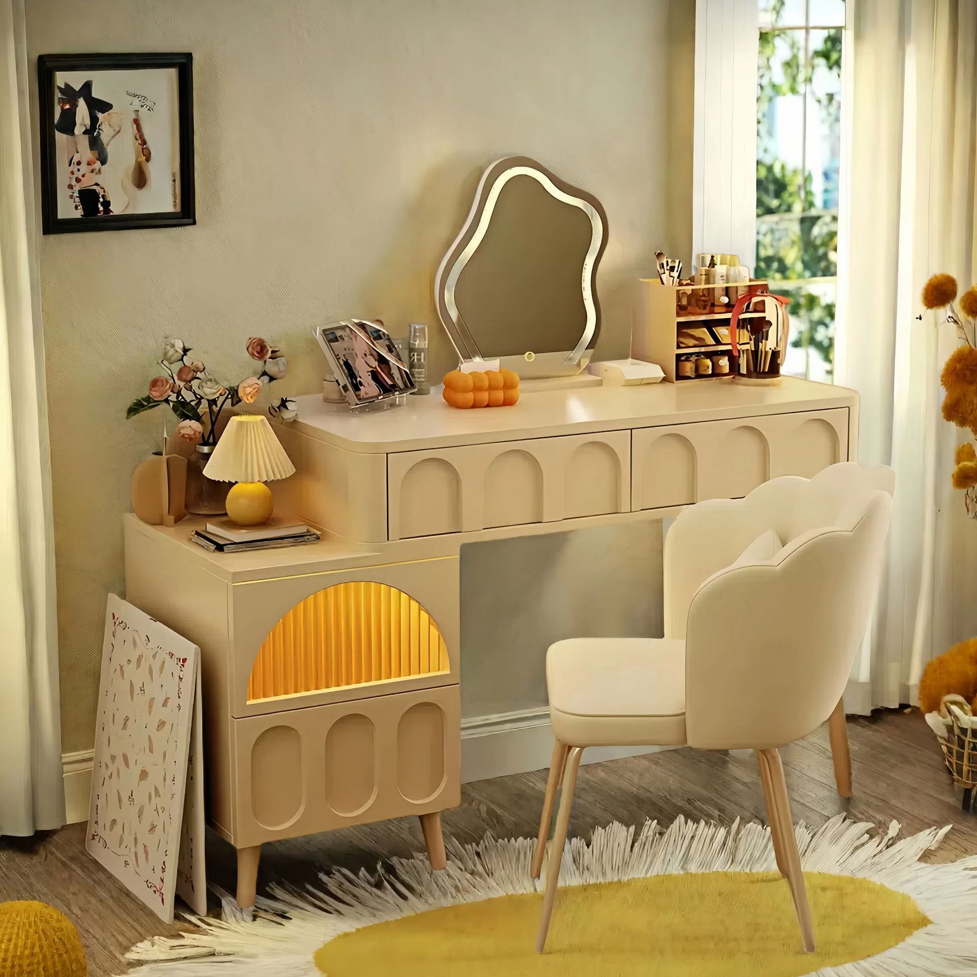 Comedor de estilo crema dormitorio simple moderno 2025 nuevo pequeño escritorio de esquina armario de maquillaje espejo de mesa