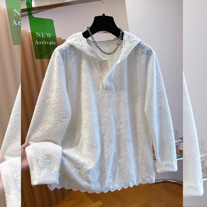 Hollowed-out hooded lace long-sleeve t-shirt for women, high-end, plus size, new spring/autumn style, loose, unique and distinctive top Hollowed-out hooded lace long-sleeve t-shirt for women, high-end, plus size, new spring/autumn style, loose, unique and distinctive top