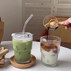 イン縦ストライプガラスコーヒーカップストローと蓋付きホームミルク竹節水カップアイスクロスボーダー透明送料無料
