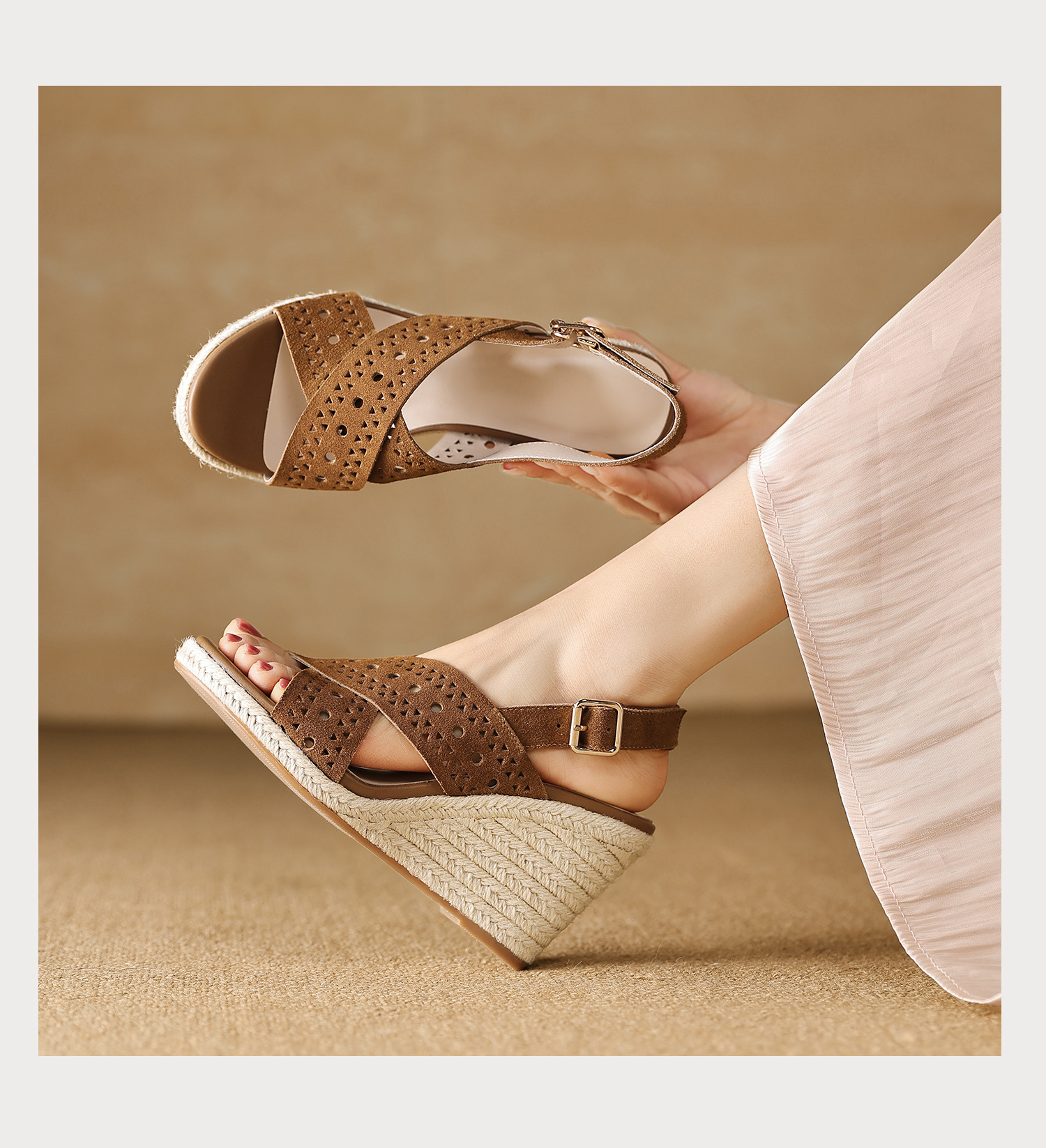 Sandal cao gót nữ quai chéo hở mũi đế xuồng bện rơm gót 8 cm — màu nâu, màu đen chi tiết 18