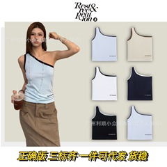 现货韩国 restandrecreation新款背心辣妹修身短款RR斜露肩吊带女