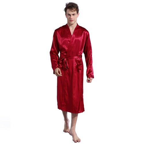 Cross-border men's solid color robe thin cardigan nightgown loose large size long sleeve spring and autumn glossy satin bathrobe