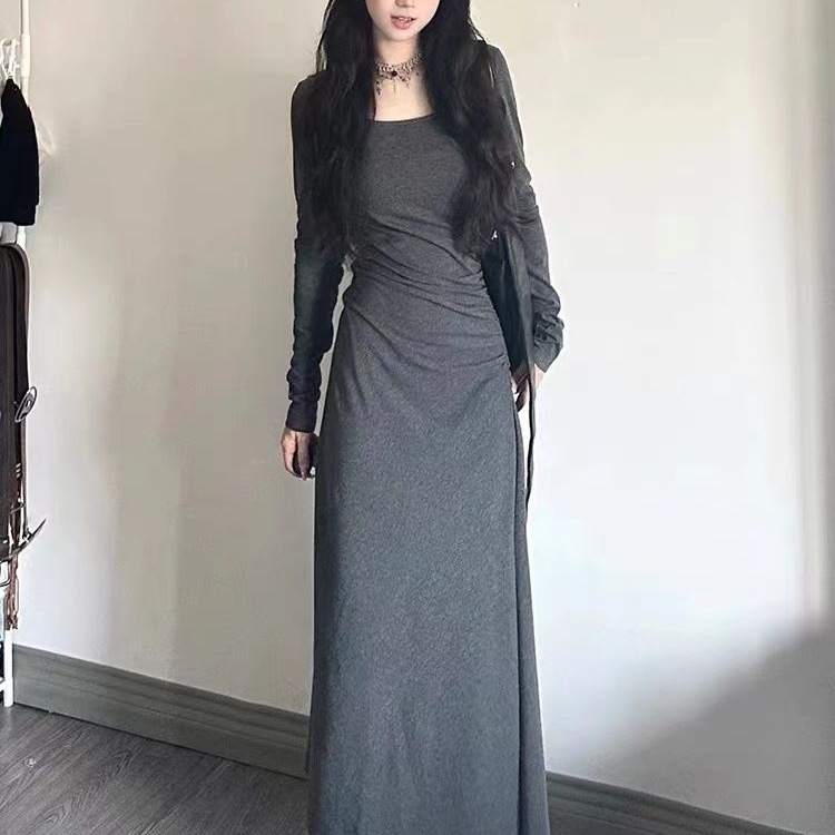法式长袖灰色连衣裙子女收腰气质垂坠感显身材内搭包臀长裙早秋季|undefined
