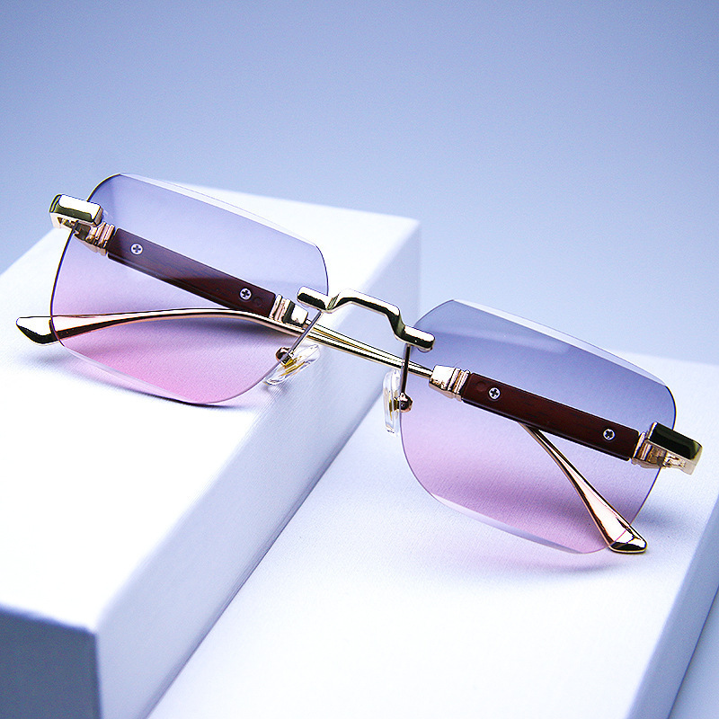 New Frameless Cut-Edge Sunglasses European and American Fashion Trend Wood Grain Gradient Color Square Glasses Cross-Border