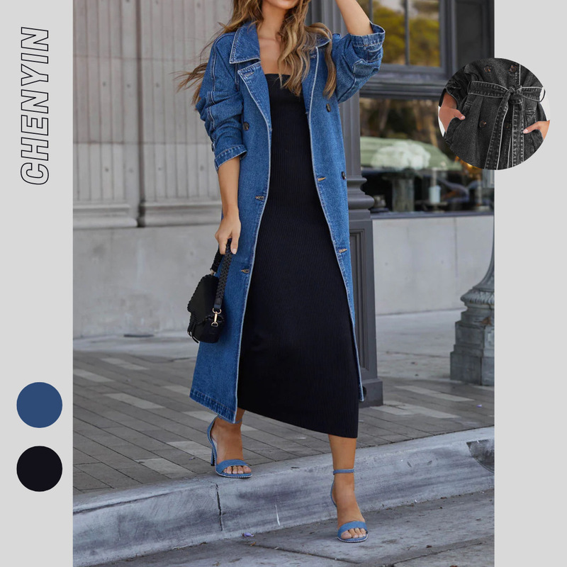 ins new European and American autumn and winter women's trench coat denim cotton solid color double pocket long buckle loose coat