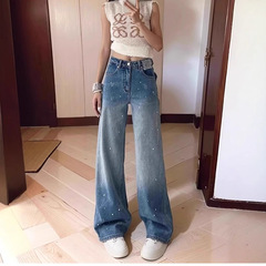 复古渐变烫钻牛仔裤女春秋新款大码宽松小个子显瘦磨破直筒阔腿裤