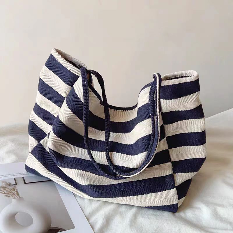 Contrast Stripe Canvas Tote Bag, Large Capacity Shoulder Bag_voghion.com