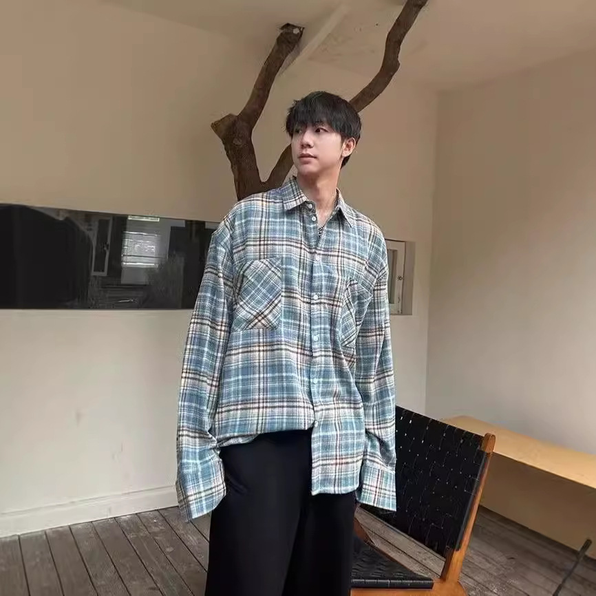 American Plaid For Men, Spring And Autumn New Loose Casual Lazy Style Long Sleeve Shirt Versatile Jacket Top_voghion.com