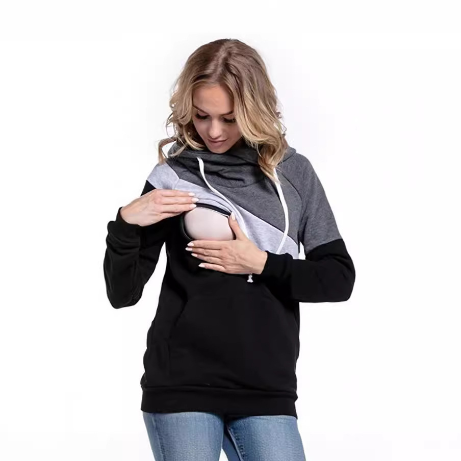 Sudadera de lactancia multifuncional de manga larga con diseño patchwork para madres, nueva de 2025, disponible en AliExpress, eBay y Amazon.