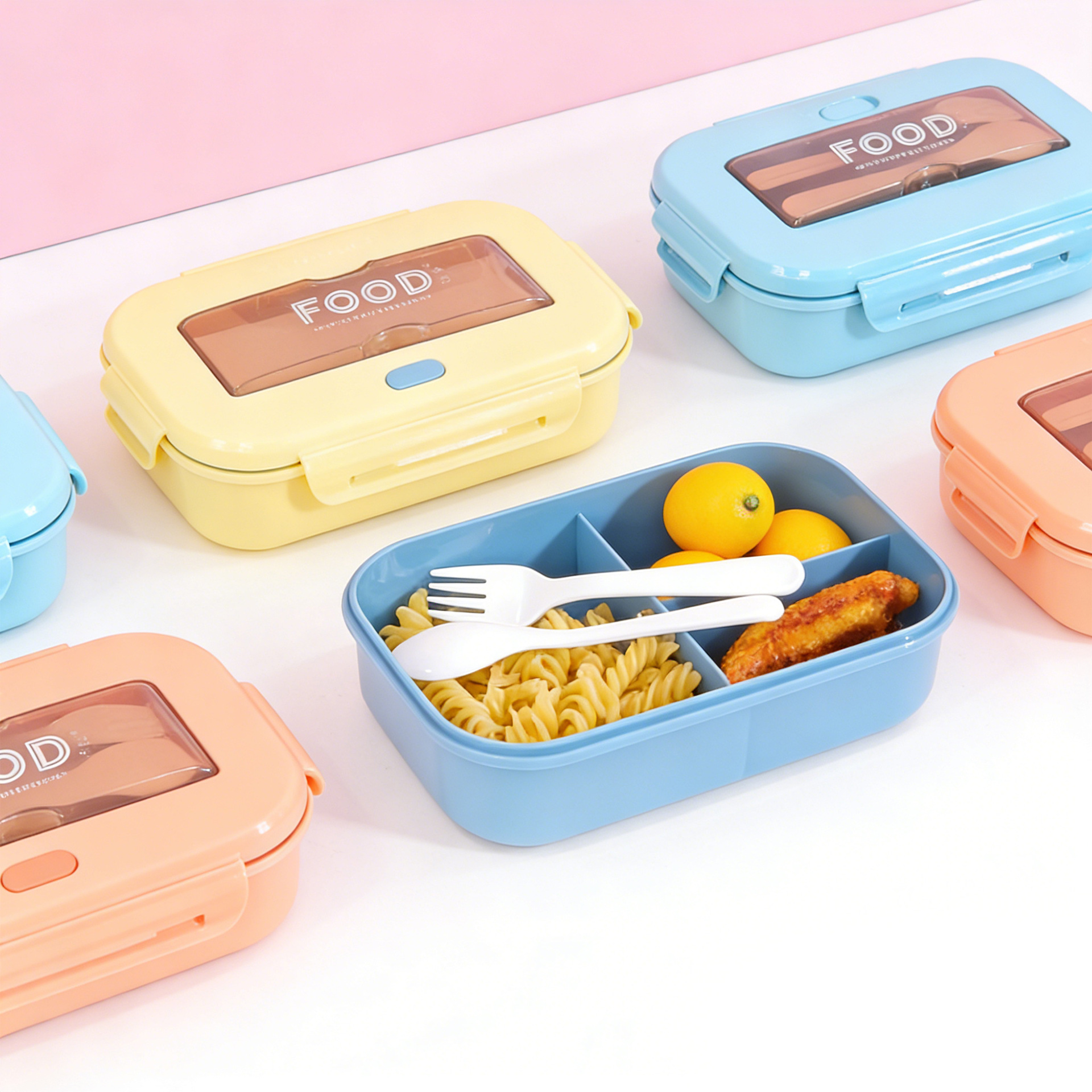 Lonchera de plástico PP al por mayor, de tres compartimentos, rectangular, de gran capacidad, portátil, apta para microondas, para estudiantes y uso doméstico.