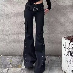 美式辣妹工装铆钉设计微喇牛仔裤女小个子新款低腰显瘦修身拖地裤