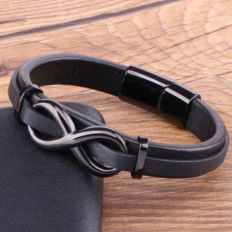 European and American fashion punk woven leather stainless steel 8 word charm men's bracelet personalized leather rope bracelet jewelry