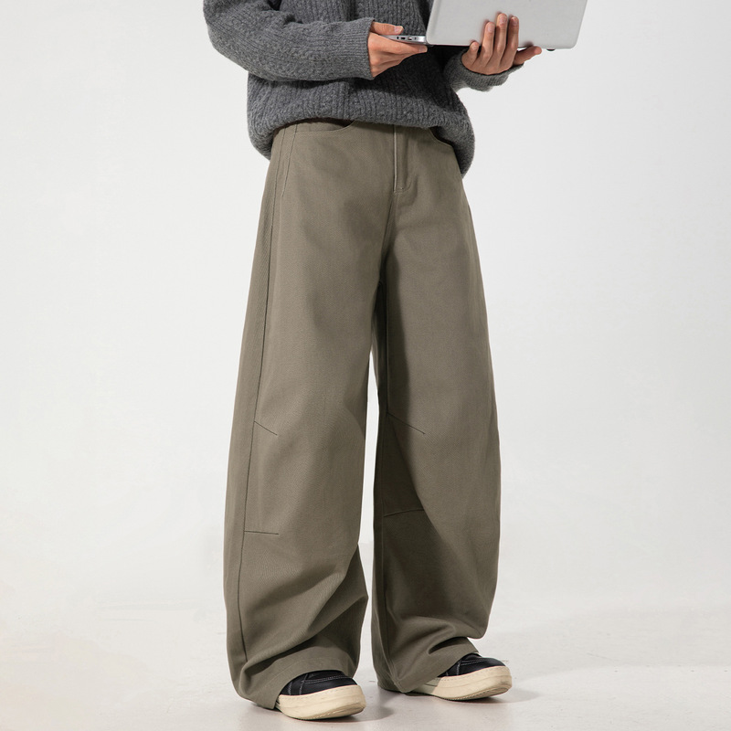 American Retro Pleated Silhouette Scimitar Pants, Autumn Style Straight-Leg Workwear Casual Pants, Textured Loose Trendy Brand Long Pants