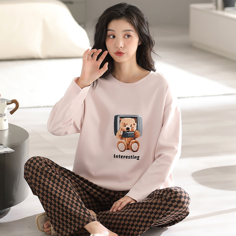 2024 새로운 스타일 잠옷 면 긴 소매 봄과 가을 여성의 간단한 캐주얼 귀여운 둥근 목 외부 착용 홈 의류 플러스 사이즈