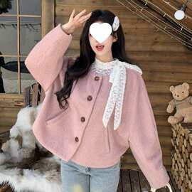 韩系甜美减龄粉色毛呢外套女2026秋冬新款大码胖温柔风开衫上衣