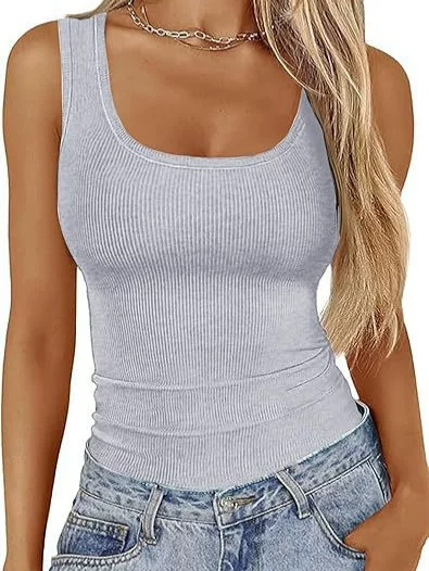 2024 Amazon Women's Square Neck Ribbed T-Shirt Sleeveless Stretchy Slim Basic Tank Top Women's Top Hot Girl