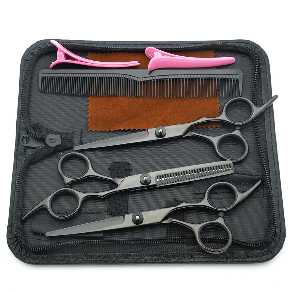 Tijeras de peluquería de 6 pulgadas, negras y doradas, con mango inclinado y de alta calidad, juego de tijeras de peluquería al por mayor para cortar el cabello.