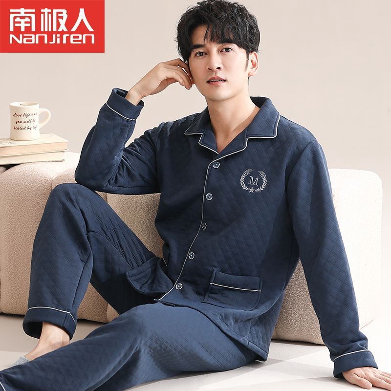 Pijama de hombre hombre otoño y invierno engrosado ropa de hogar de mangas largas delgada intercalada de algodón aire invierno conjunto intercalado de algodón