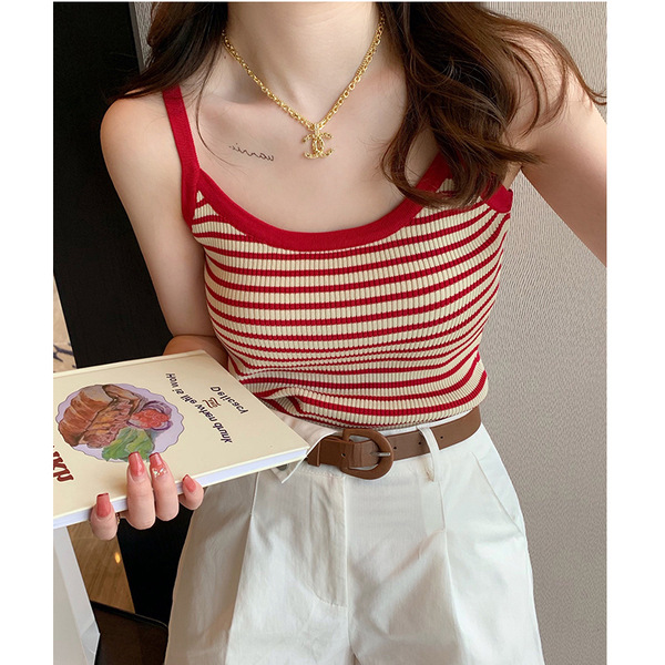 Ice Silk Camisole for Women, Summer Striped Tank Top, Slim Fit, French Retro Style, Thin Sleeveless Top, Can Be Worn Outside