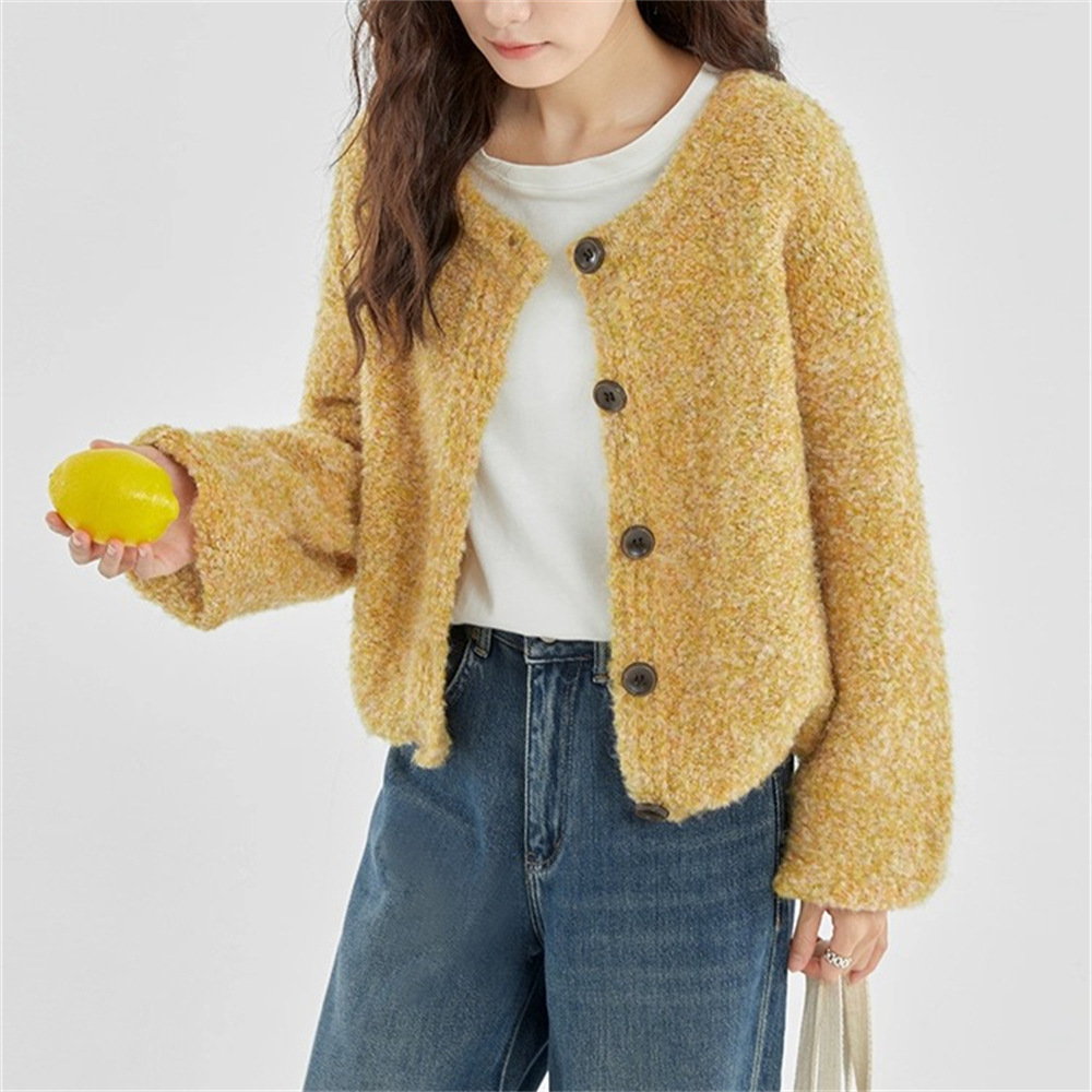 Suéter de cuello redondo de anillo glutinoso suave, abrigo de ropa de mujer, otoño y invierno, nuevo estilo suelto y delgado, cardigan de punto perezoso.